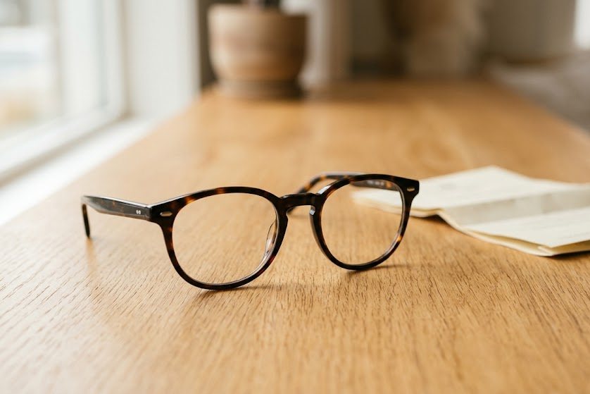 Une paire de lunettes en acétate posée sur un comptoir en chêne clair, à côté d'un document plié