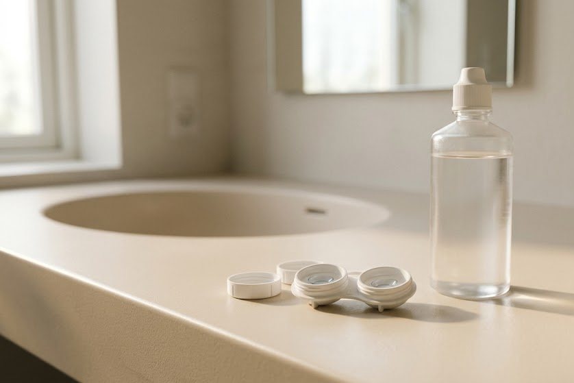 Un étui à lentilles ouvert à côté d'un flacon de solution, sur une surface claire
