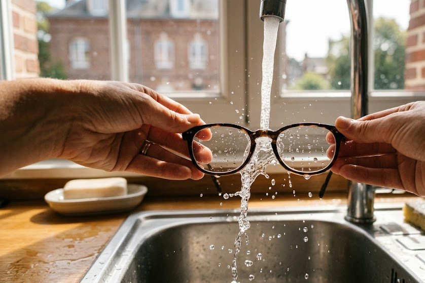 Une paire de lunettes rincée sous un filet d'eau, les gouttes visibles sur les verres