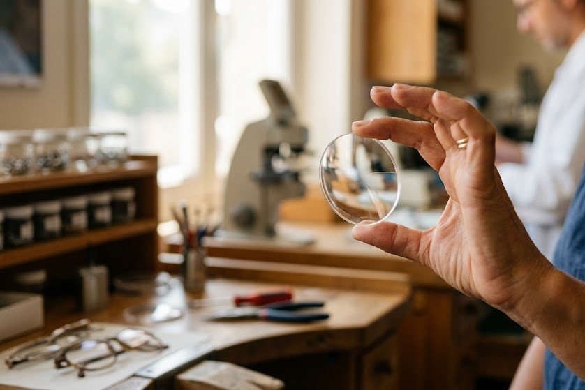 Un verre tenu entre deux doigts devant un atelier flou, la lumière révélant sa courbure