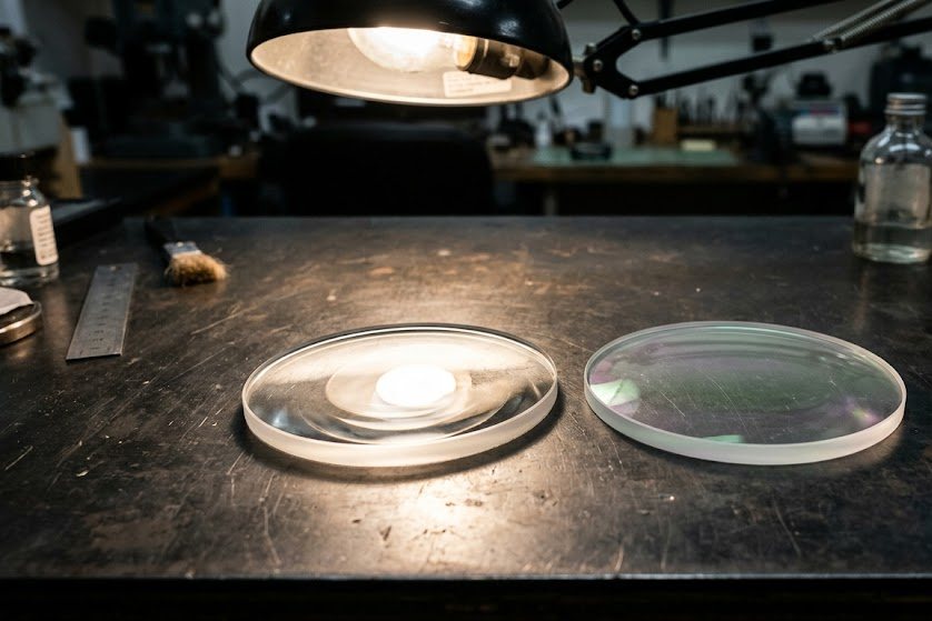 Deux verres côte à côte sur un établi sous une lampe d'atelier : celui de gauche renvoie un reflet blanc marqué, celui de droite un simple voile vert-violet